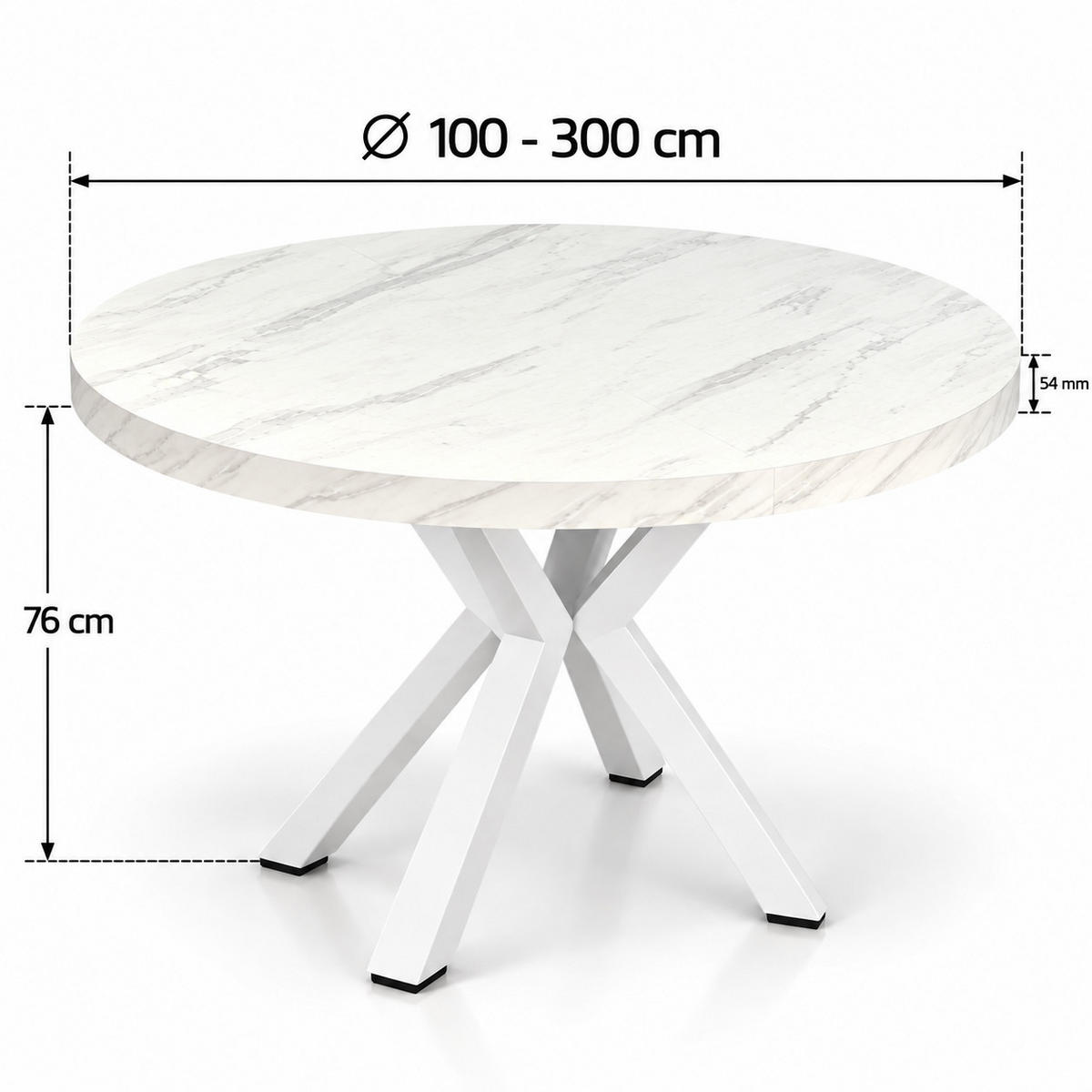 ESSTISCH rund ausziehbar 100-300/100/76 cm, Marmor, 54 cm Tischplatte + X Metallbeine Weiß - Hellgrau/Weiß, Holzwerkstoff/Metall (100/100/76cm) - Damale Möbel