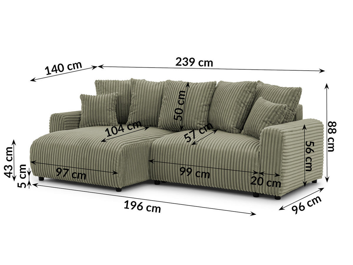 ECKSOFA Calma mit Schlaffunktion und Bettkasten im Bumpy-Design aus weichem Olive Plüschcord - Ottomane links - Schwarz/Grün, Holz/Kunststoff (239/140cm) - S-Style