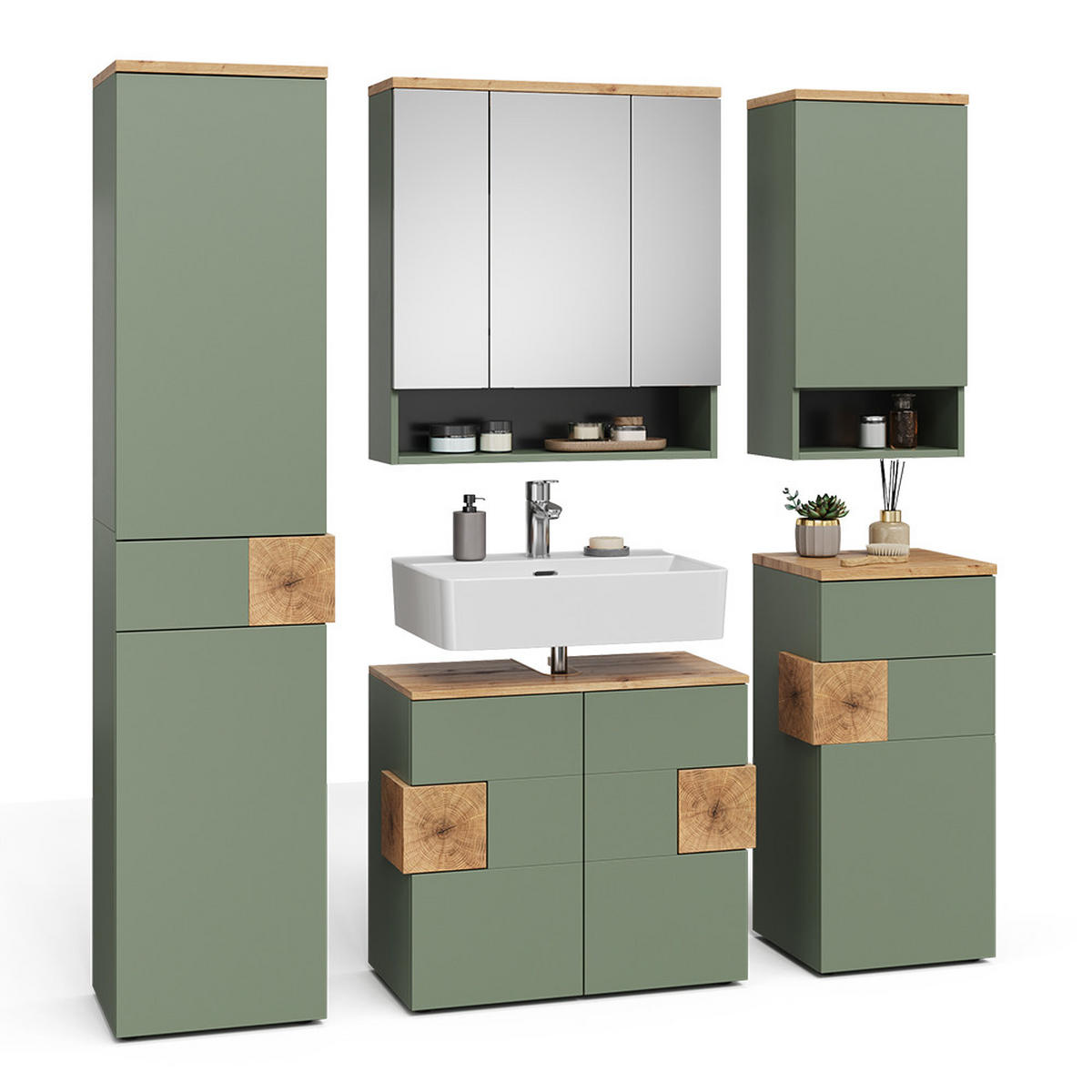 BADMÖBEL-SET Eden Grün/Artisan 5 Teile - Hellgrau/Grün, Holzwerkstoff (73/64/37cm) - Vicco