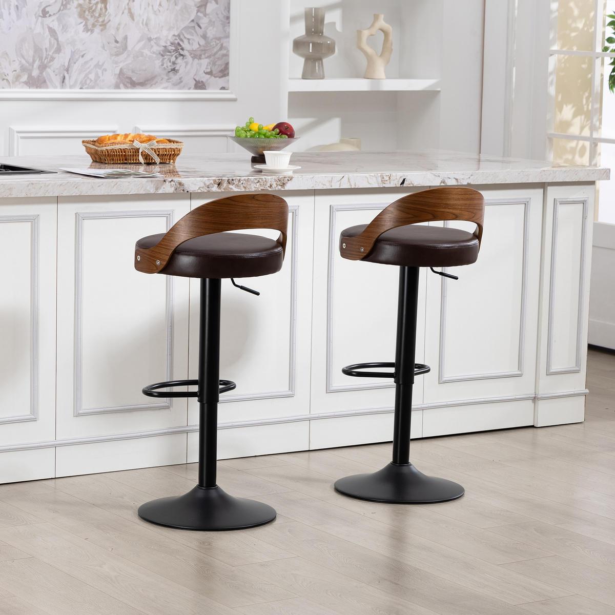 BARHOCKER 2er-Set drehbar mit PU-Sitz und Walnussholz, Braun - Braun, Kunststoff (42.5/77/42cm)