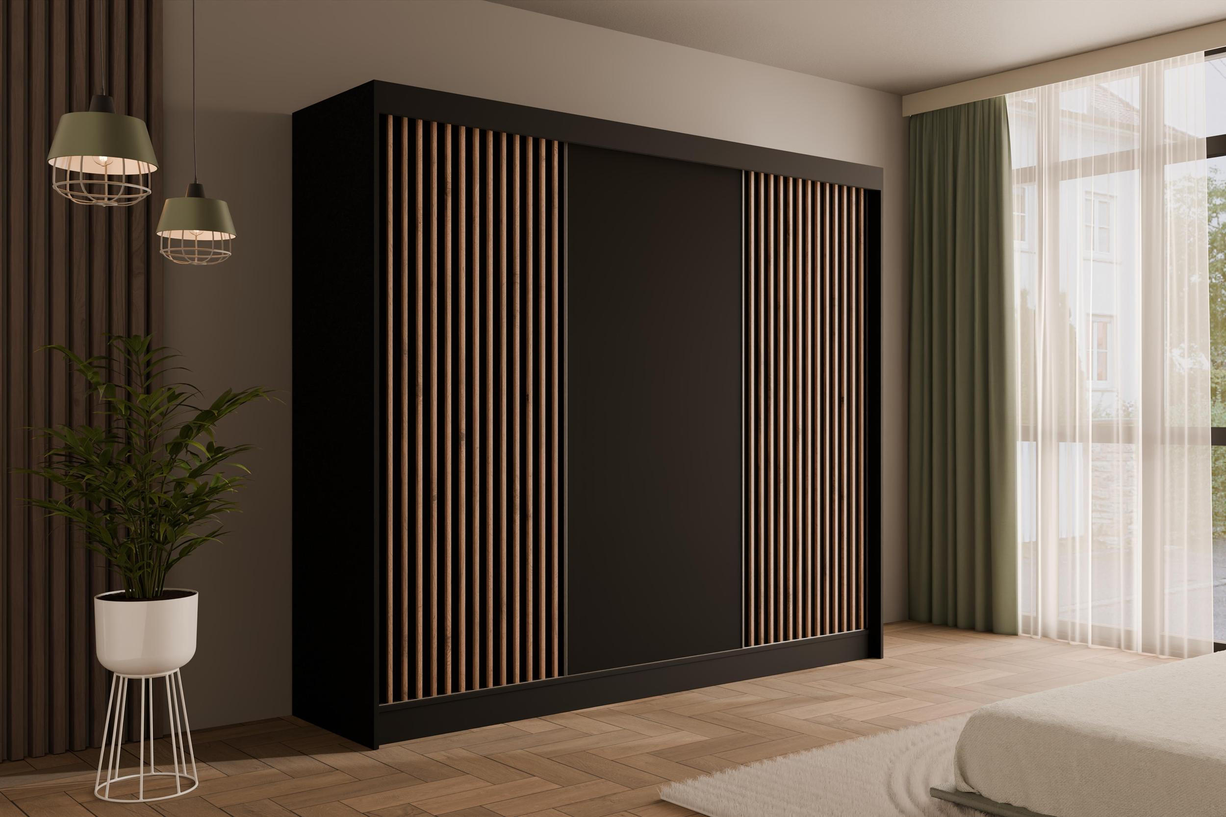KLEIDERSCHRANK mit Lamel-Schiebetüren VILANv2 - 250 cm Schwarz + Lamelle Eiche Wotan - Eiche Wotan/Schwarz, Holzwerkstoff (250/215/61cm) - ALTDECOR