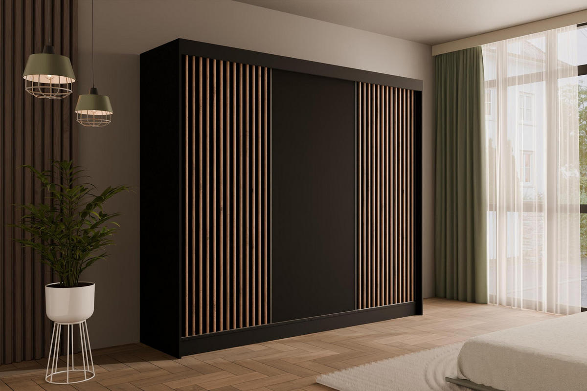 KLEIDERSCHRANK mit Lamel-Schiebetüren VILANv2 - 250 cm Schwarz + Lamelle Eiche Wotan - Eiche Wotan/Schwarz, Holzwerkstoff (250/215/61cm) - ALTDECOR