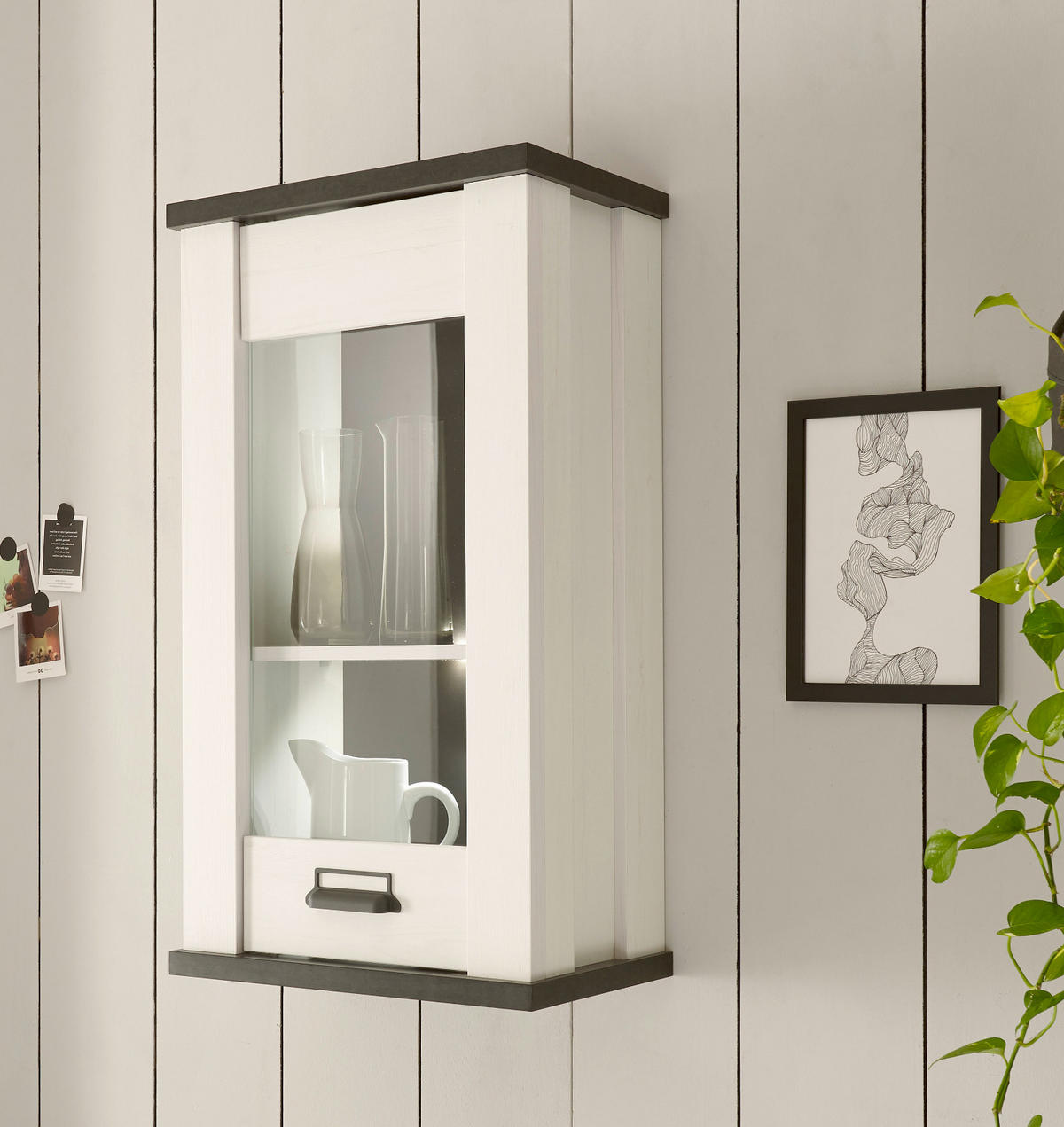 KÜCHE-HÄNGESCHRANK weiß Pinie, anthrazit Landhaus, Küchenschrank hängend mit Soft-Close - Anthrazit/Schwarz, Glas/Holzwerkstoff (50/90/31cm) - Furn.Design