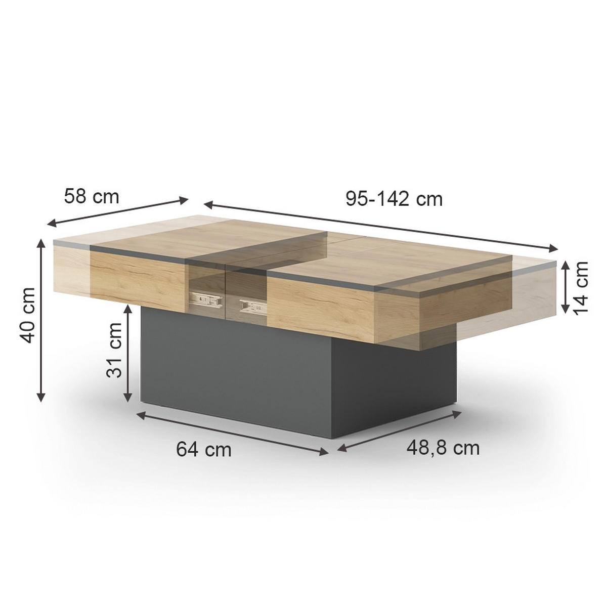 COUCHTISCH Boto Anthrazit/Goldkraft Eiche 95 x 58 cm Ausziehbar - Anthrazit/Eiche Wotan, Holzwerkstoff (58/95/40cm) - Vicco