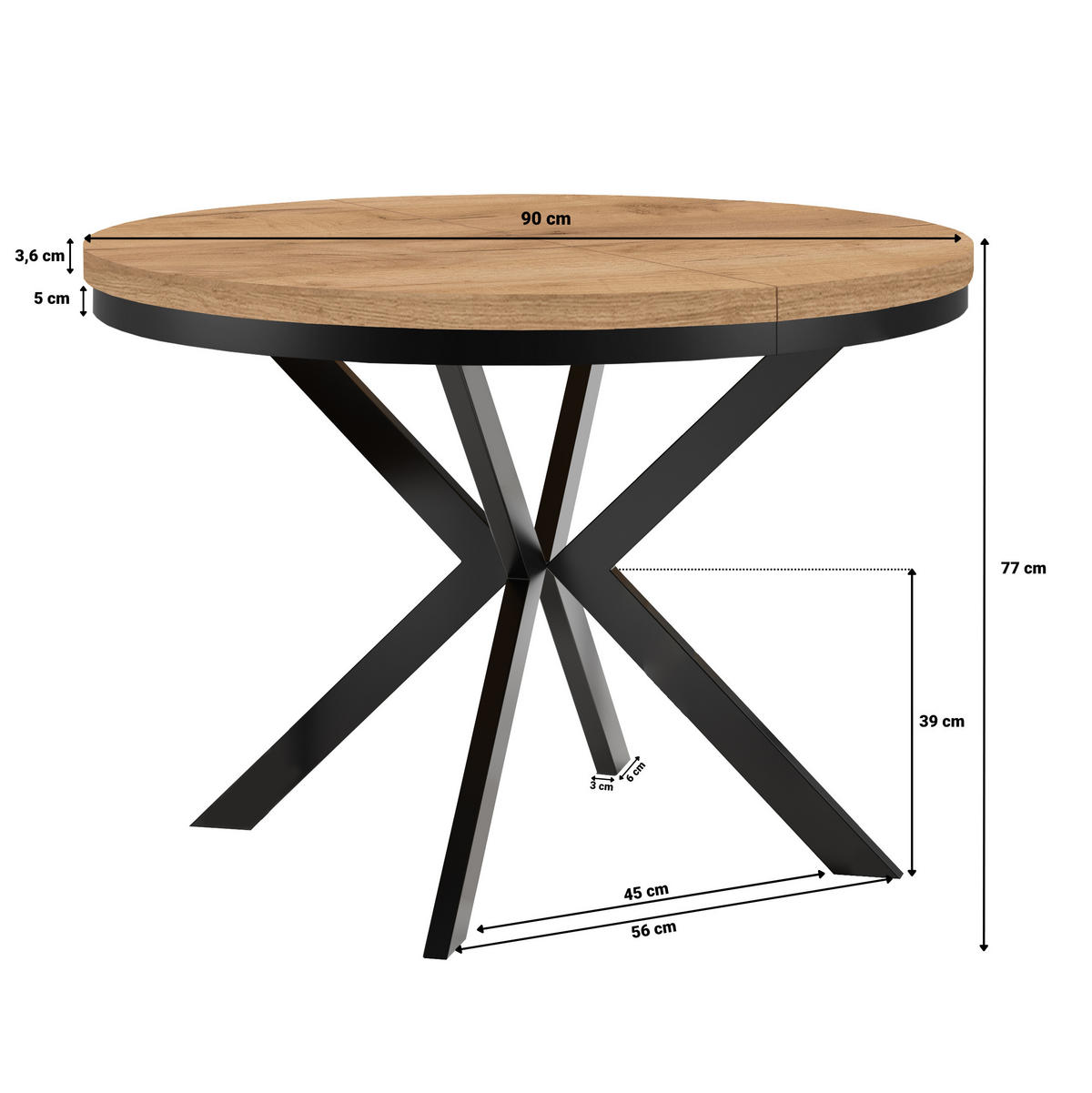 ESSTISCH Runder ENDIK mit Ring-Gestell und Metallbeinen, Durchmesser: 90/190 cm, Farbe: Weiß/Schwarz - Schwarz/Weiß, Metall (190/90/77cm) - Dekori_Interiors