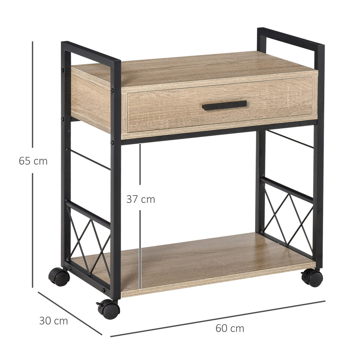 BEISTELLTISCH Servierwagen mit Schublade Ablage Küchenwagen Sideboard Natur - Eichefarben, Kunststoff (60/30/65cm) - HOMCOM