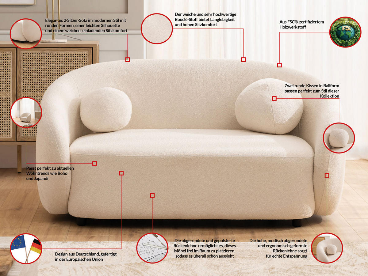 SITZGARNITUR 2+1 Roundi Cremeweiß Bouclé - Creme/Schwarz, Holz/Kunststoff (150/76/80cm) - S-Style Möbel