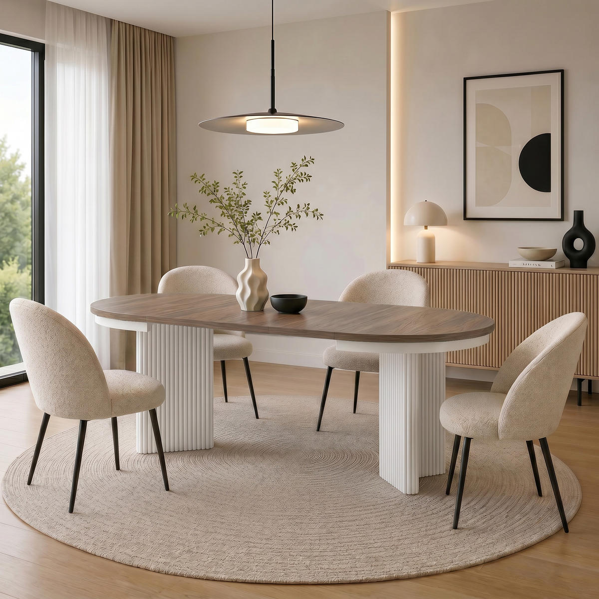 JÍDELNÍ STŮL Prestige, kulatý designový stůl, rozkládací Ø 100–180 cm, ořech + bílá - bílá/barva vlašského ořechu, kov (100/100/77cm) - Beautysofa