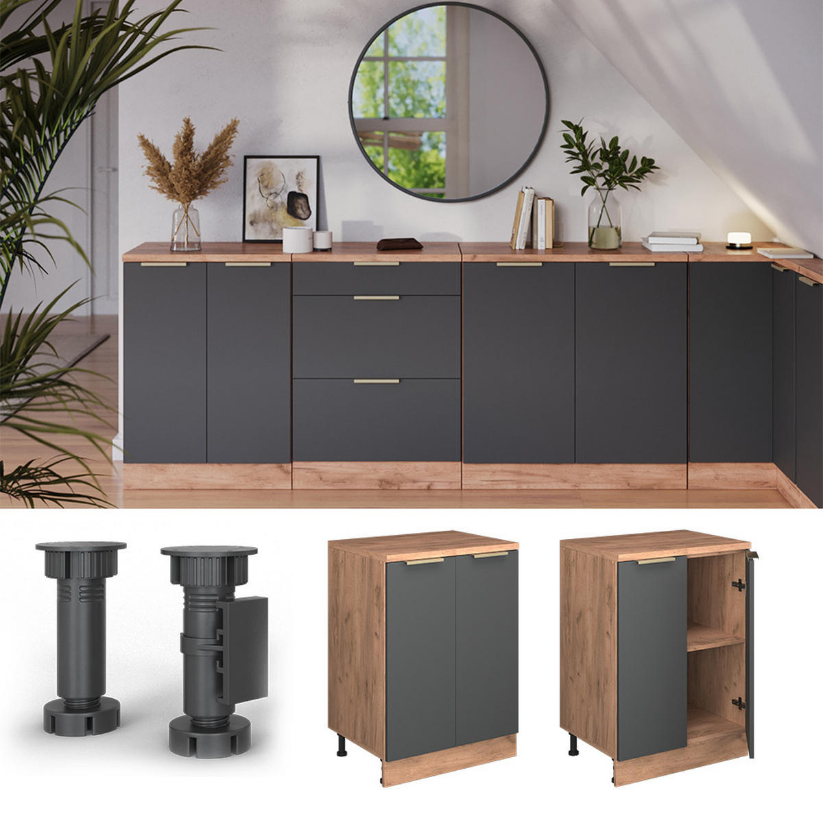 ORMAR ZA POTKROVLJE Rion Antracit-Zlatna 60 x 81.6 cm bez kosine s 2 vrata - hrast medunac/antracit, drvni materijal (60/83.8/46cm) - Vicco