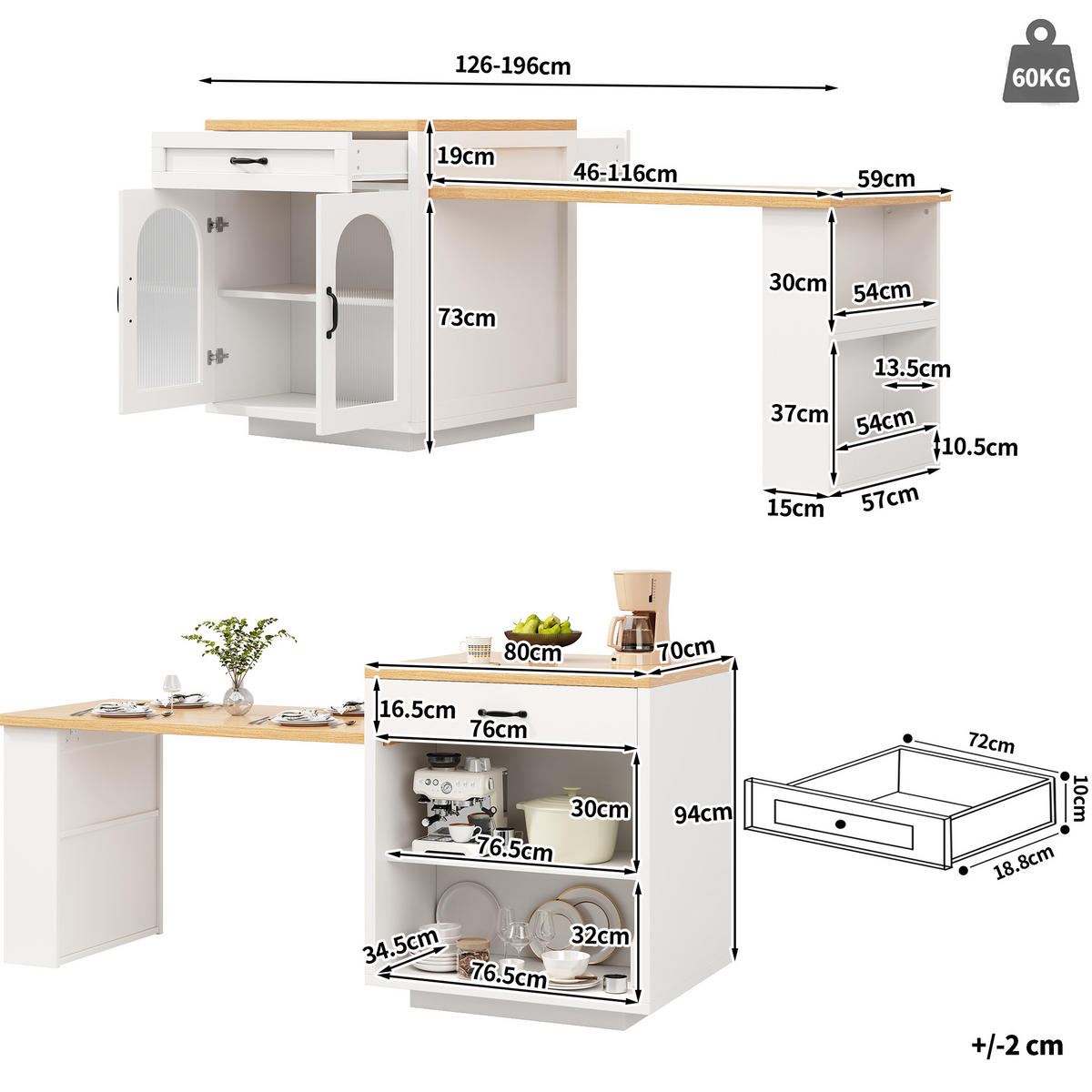 BUFFET 196/59/94 cm weiß aus MDF mit LED - Weiß, Holzwerkstoff (196/94/59cm) - OKWISH