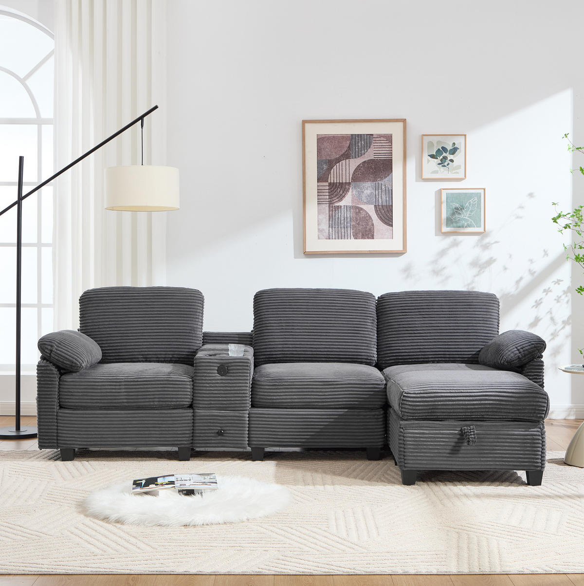 ECKSOFA L-Form mit beweglicher Mittelkonsole USB-C-Dunkelgrau 266/136/82 cm - Dunkelgrau, Textil (266/136cm) - OKWISH