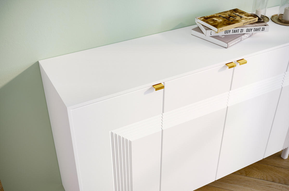 SIDEBOARD Yoko, Weiß, Mit Dekorativen Fronten Und Goldgriffen - Weiß, Holzwerkstoff/Buchenholz (156/99/40cm) - Dancan