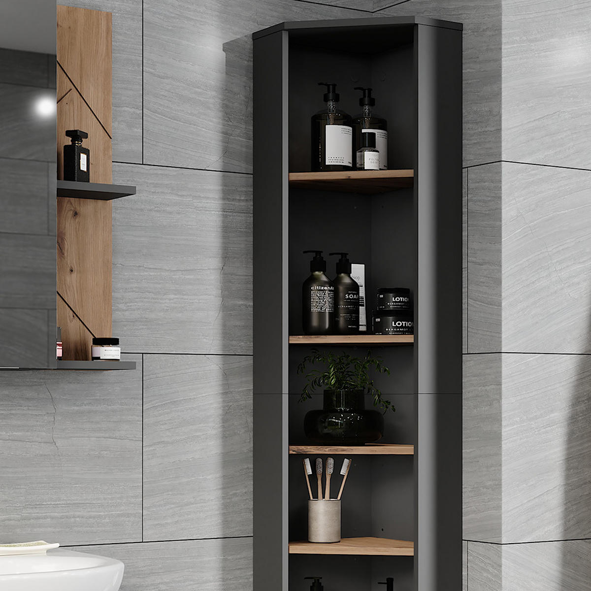 ECKHOCHSCHRANK Irma Anthrazit/Artisan 33 x 192 cm 7 Fächer - Anthrazit/Eiche Artisan, Holzwerkstoff (33/192/33cm) - Vicco