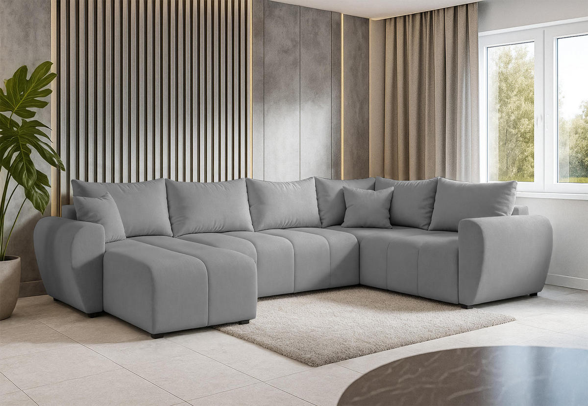WOHNLANDSCHAFT Malatya U Form MAX Hellgrau 311/145/82 cm mit Schlaffunktion - Hellgrau/Schwarz, Kunststoff/Textil (208/82/303cm) - AX Living