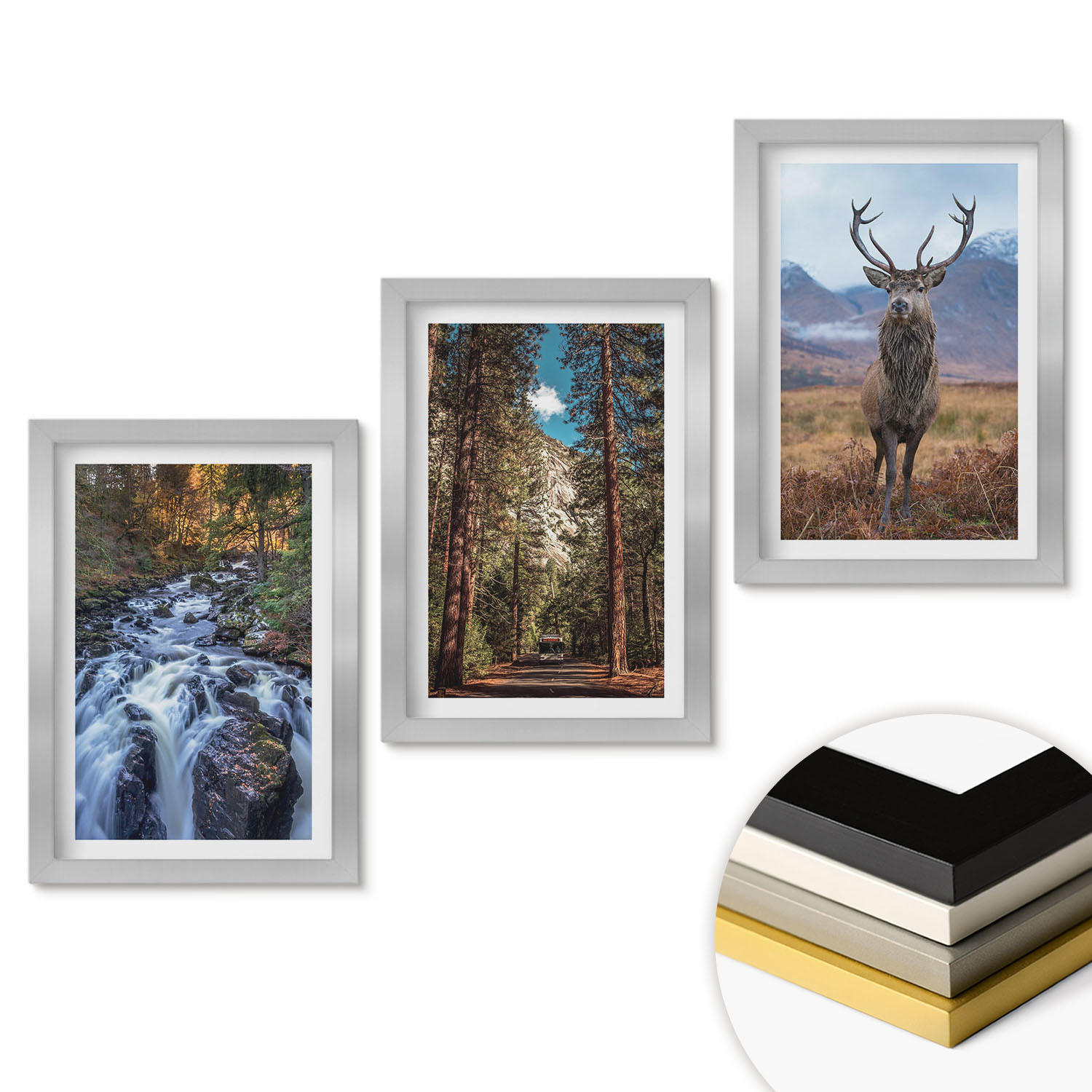 WANDBILDER 3er Set - 20x30 cm Silberner Rahmen - Wasserfall Wald Berge Hirsch Natur - Silberfarben, Kunststoff (20/30cm) - ArtPrintCave