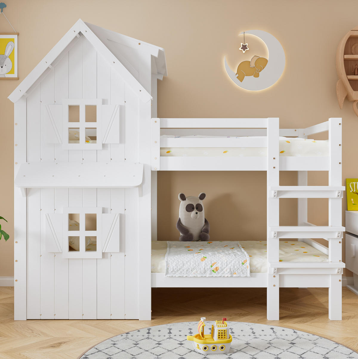 HAUSBETT 90/200 cm Weiß mit Dach, Fenstern und Sicherheitsgeländern - Weiß, Holzwerkstoff (90/200cm) - Flora Grace