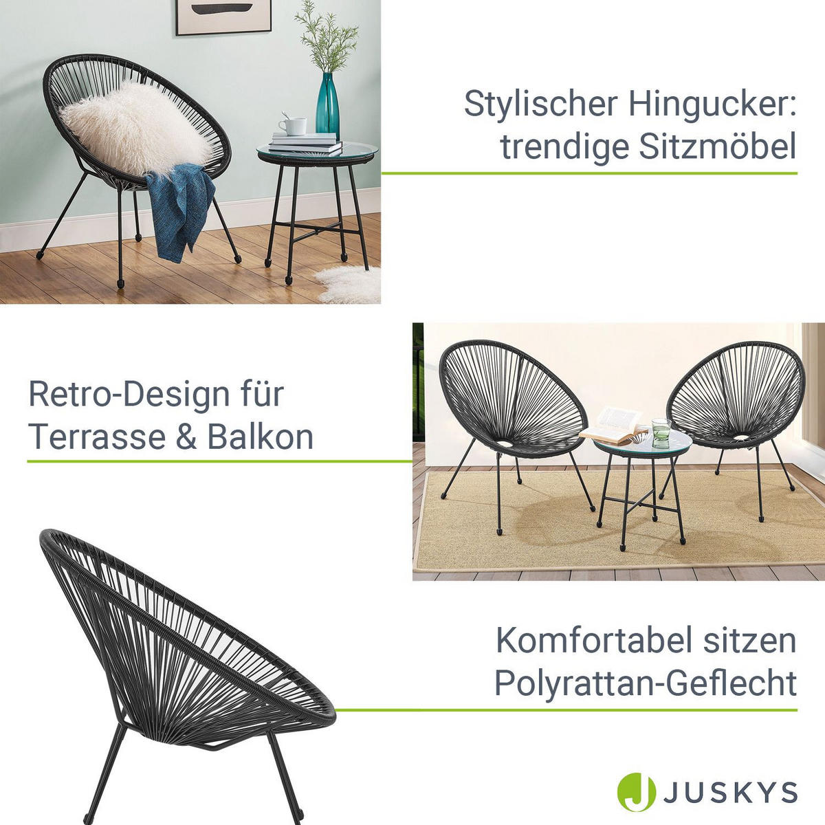 BALKONMÖBEL-SET Ostana schwarz 3-tlg. - Schwarz, Metall - Juskys