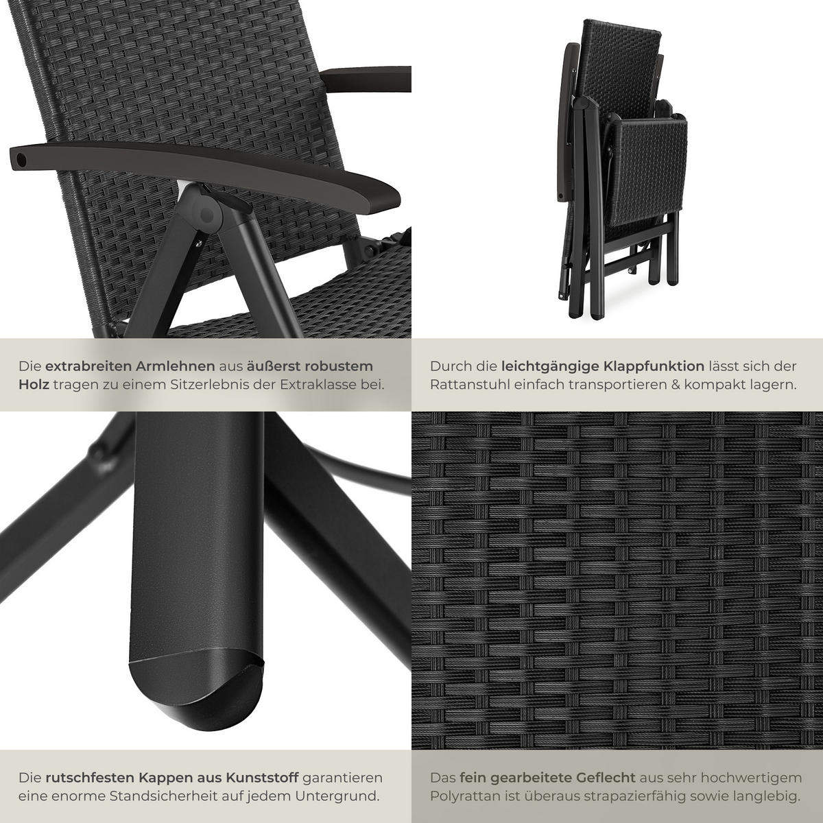 RATTANSTUHL Brisbane ,58 x 77 x 113 cm,schwarz - Schwarz, Kunststoff (58/113/77cm) - tectake
