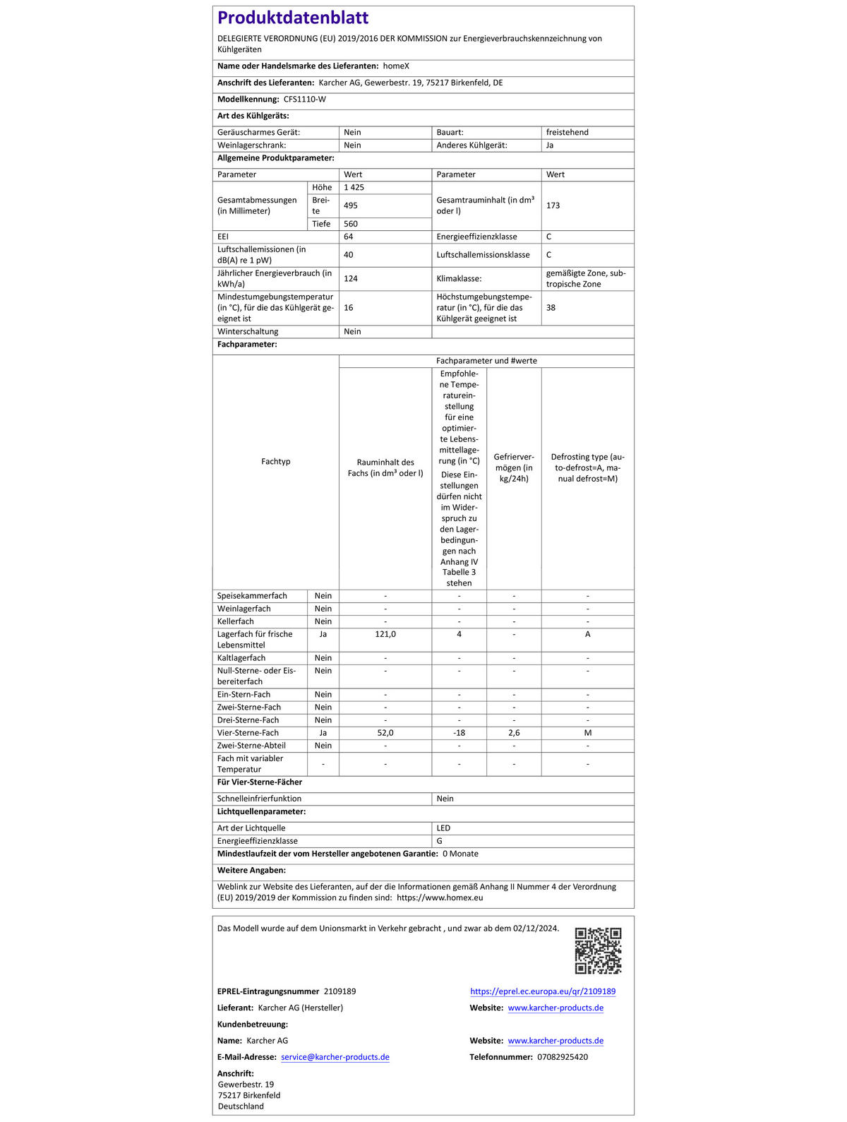 KÜHL-GEFRIER-KOMBINATION, freistehend, 173 Liter Nutzinhalt, 4-Sterne Gefrieren, Höhe 142,5 cm, 40 dB, Kühlschrank mit Gefrierfach groß, CFS1110-W - Weiß, Glas/Kunststoff (49.5/142.5/56cm) - homeX