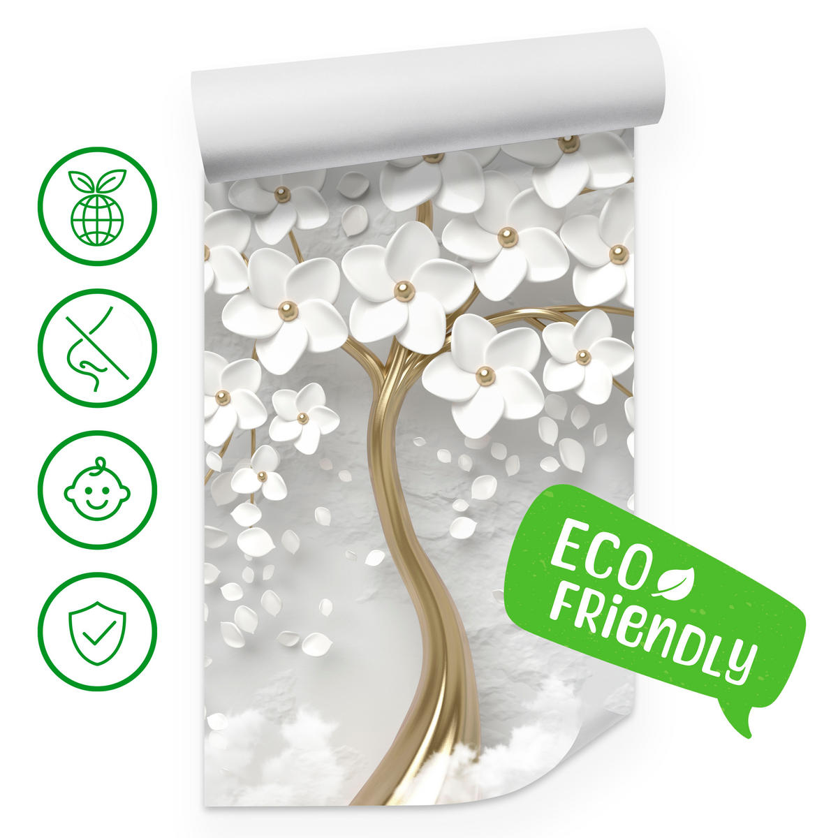 FOTOTAPETE für Schlafzimmer Perlmutt Blumen Abstract Baum 200x140 - Gelb/Goldfarben, Papier (200/140cm) - Muralo