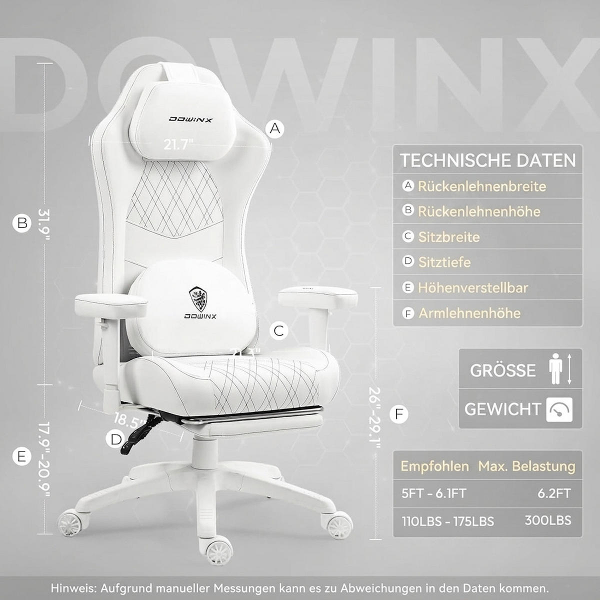 GAMING Stuhl &Massage-Wärmefunktion, atmungsaktivem Taschenfederkissen - Weiß, Leder (60/127/60cm)