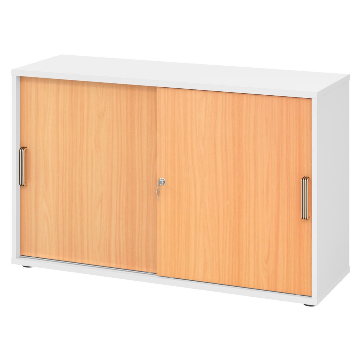 SCHIEBETÜRENSCHRANK - 2 Ordnerhöhen 40/120/74,8 cm in Weiß/Buchefarben Streifengriff (Kunststoff) - Buchefarben/Weiß, Holzwerkstoff (120/74.8/40cm) - bümö