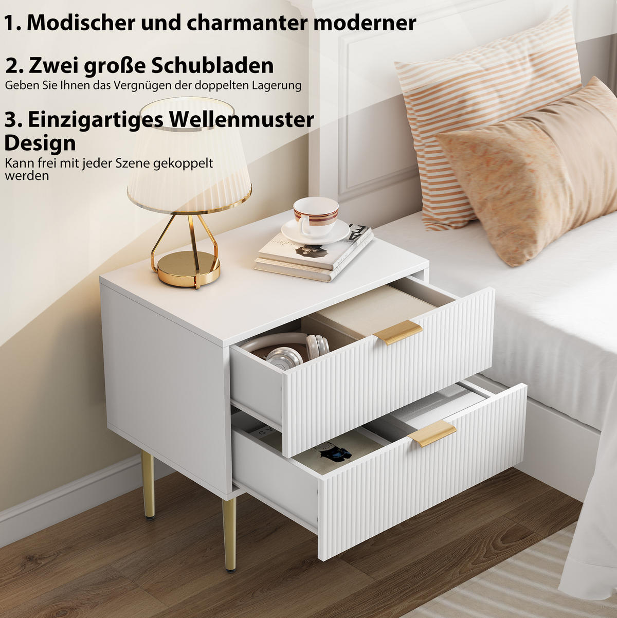 NACHTTISCH MDF/Spanplatte mit 2 Schubladen, Rillenfront & Metallgestell, 53/41,5/52,5 cm, Weiß - Weiß, Holzwerkstoff (41.5/52.5/53cm) - Redom