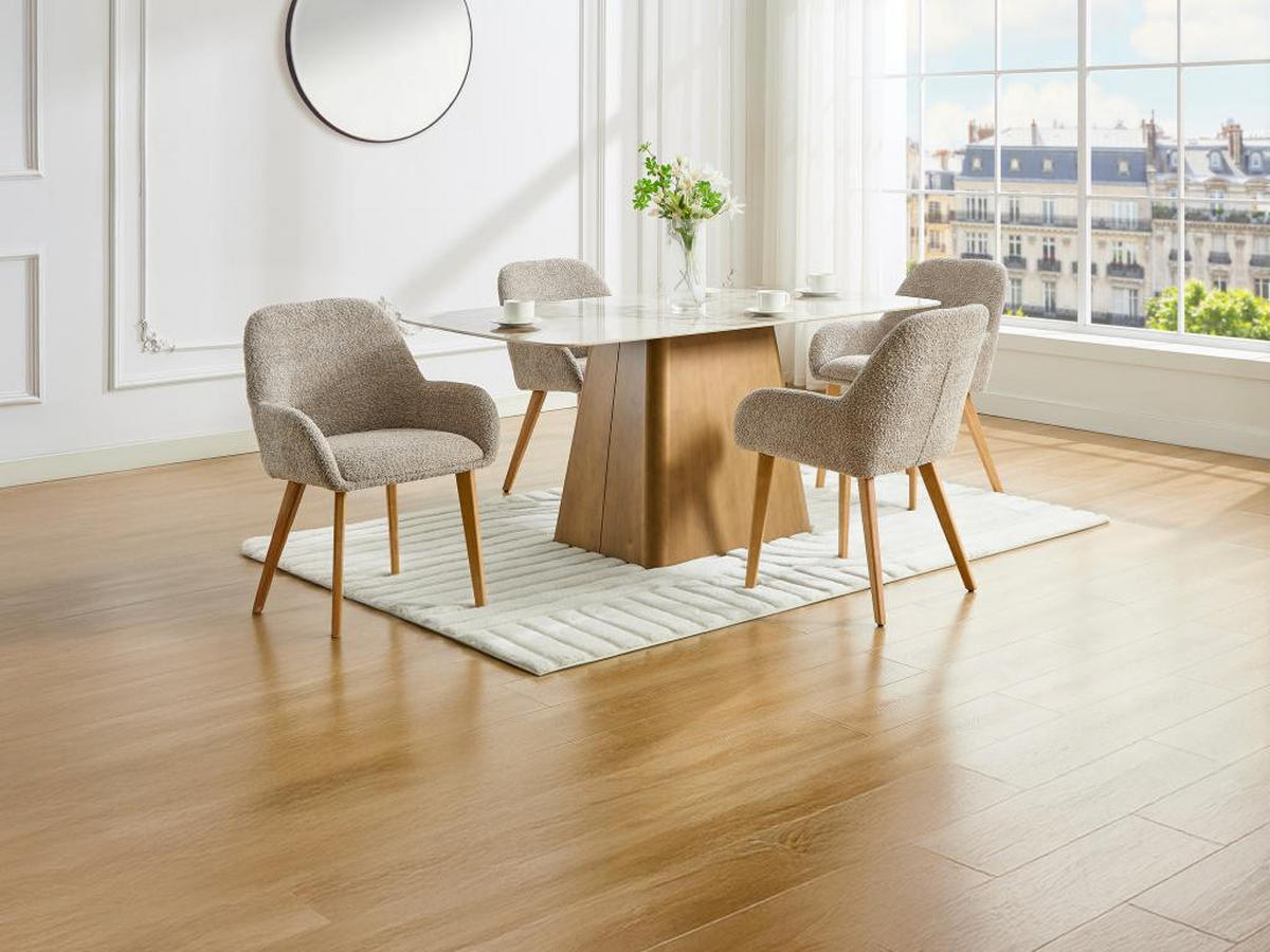 2ER-SET Stühle mit Armlehnen - Bouclé-Stoff & Kautschukholz - Taupe & helles Naturholz - VALENYO - Braun, Textil (59.5/82/58cm) - Vente-Unique