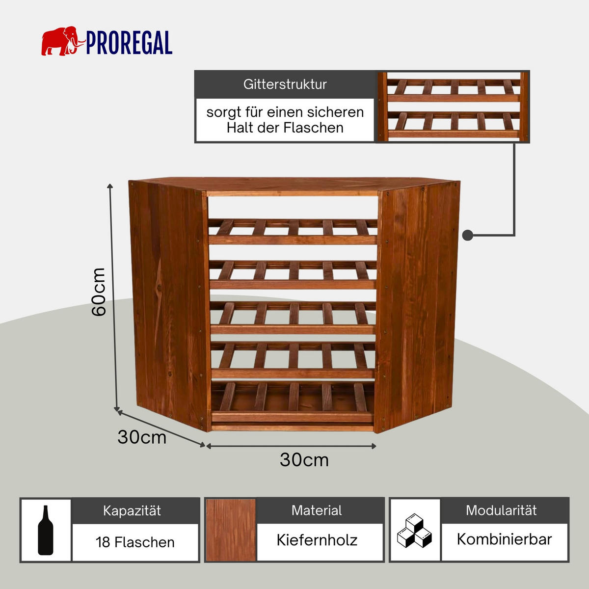 WEINREGAL Vincellar Mod 60x30x30 cm Eckmodul Für 18 Flaschen Massives Kiefernholz Braun Geölt - Braun, Holz (30/60/30cm) - PROREGAL