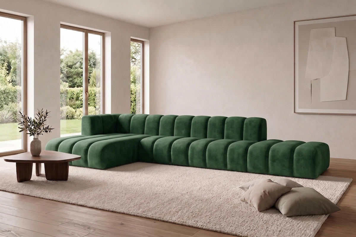 ECKSOFA Modulares In L-Form Mit Hocker, Velvet-Stoff Riviera, Grün, Links, GRAND - Grün, Holz (386/179cm) - Kaiser Möbel