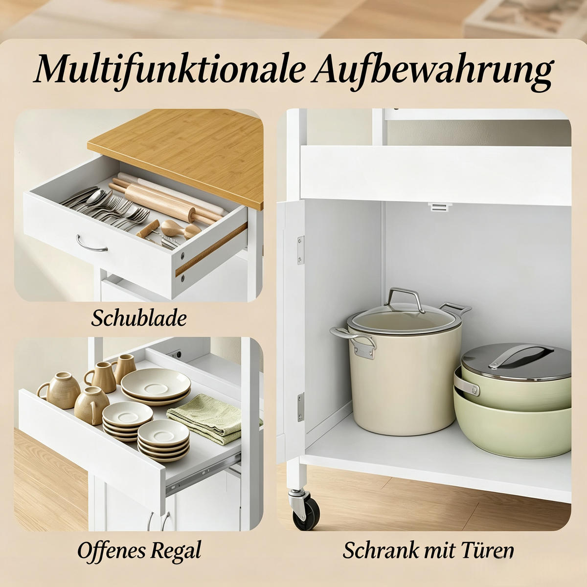 SERVIERWAGEN DE-41502 60/45/92 cm, Steckdosen und Schublade Bambus/Weiß - Weiß, Holzwerkstoff (60/92/45cm) - ComfortXL