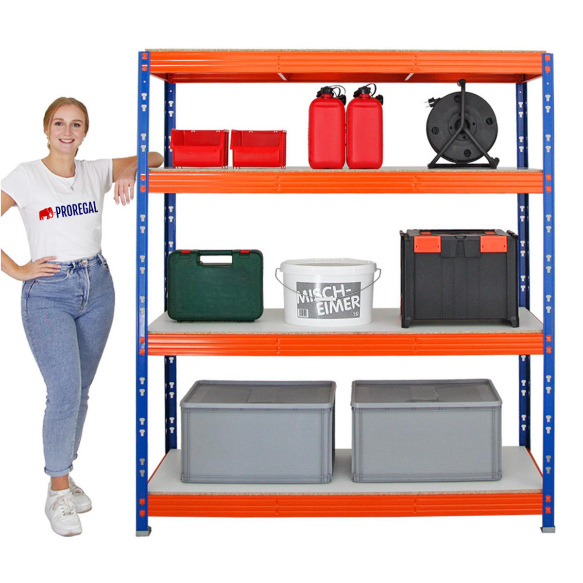 SCHWERLASTREGAL Rhino 2er-Set mit 2x 180x160x60 cm 4 Melamin-Ebenen 16mm Fachlast 500 kg Blau-Orange - Orange, Metall (320/180/60cm) - PROREGAL