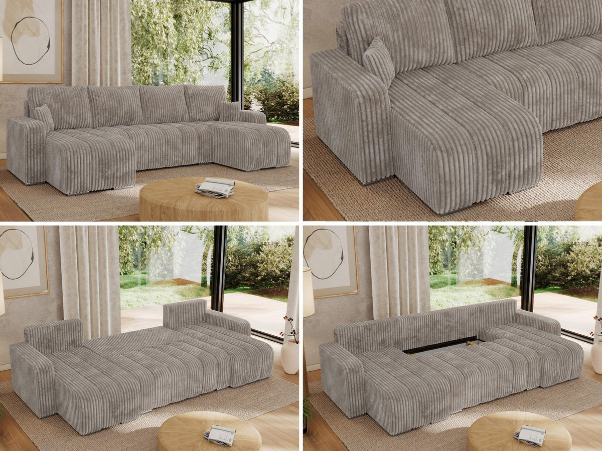 WOHNLANDSCHAFT KIRASSO U Hellbraun Cord - Hellbraun/Grau, Textil/Metall (320/86/147cm) - MKS