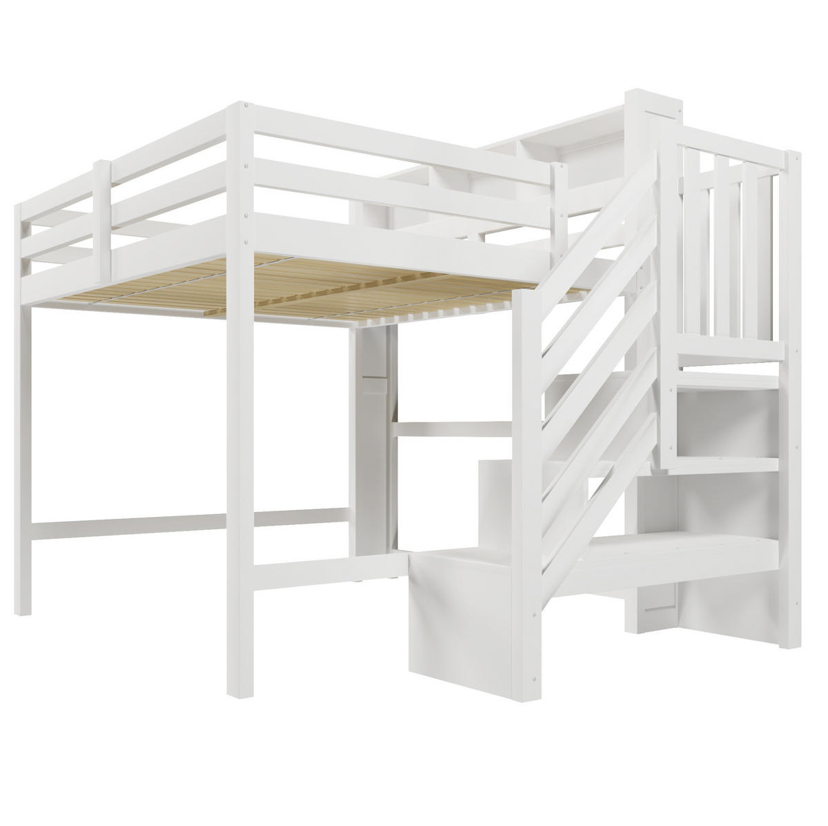 HOCHBETT 140x200 cm in Weiß mit LED-Beleuchtung und Stauraumtreppe - Weiß, Holz (140/200cm) - IVMEU