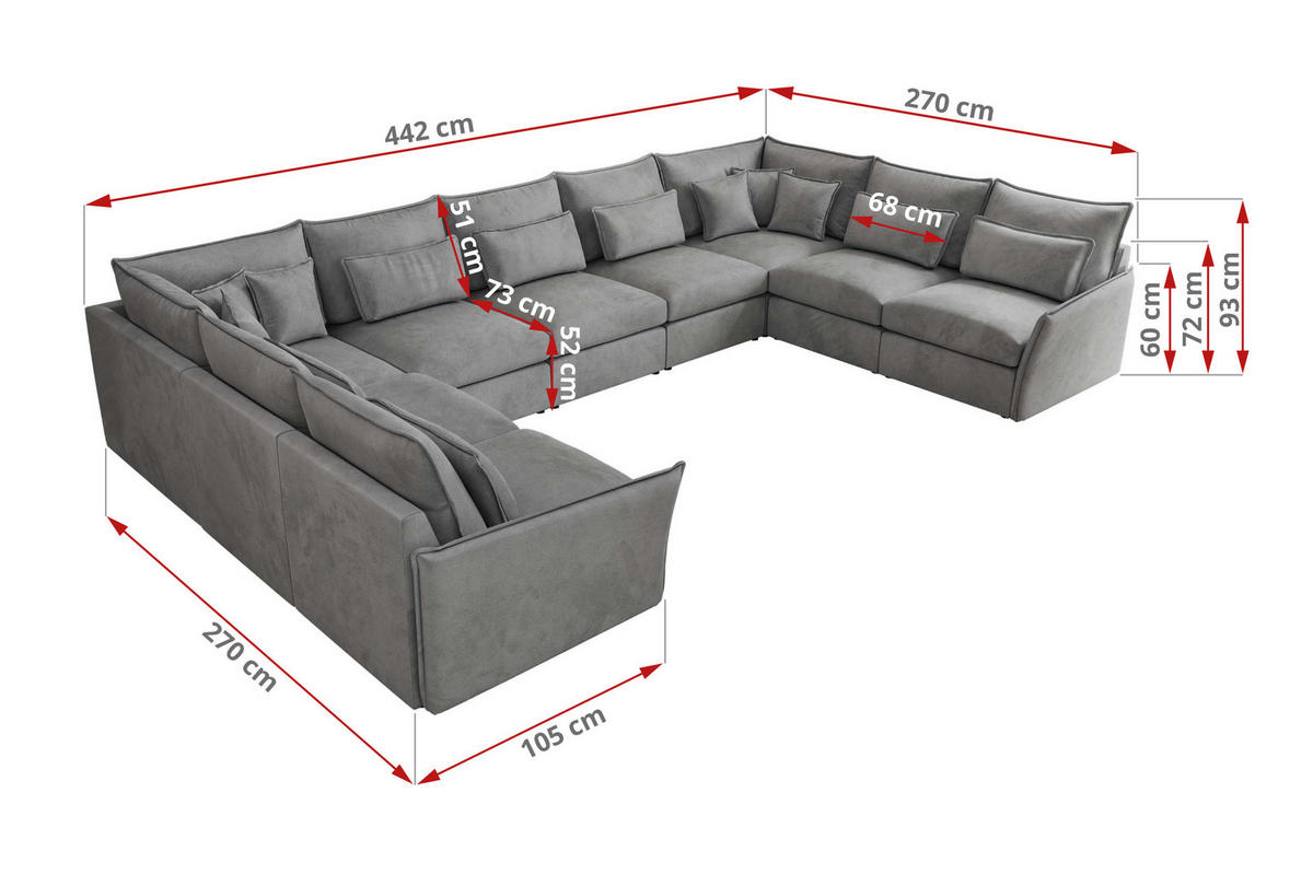 WOHNLANDSCHAFT VERSO U 9M Hellgrau Velvet - Hellgrau/Schwarz, Kunststoff/Textil (442/93/270cm) - MKS