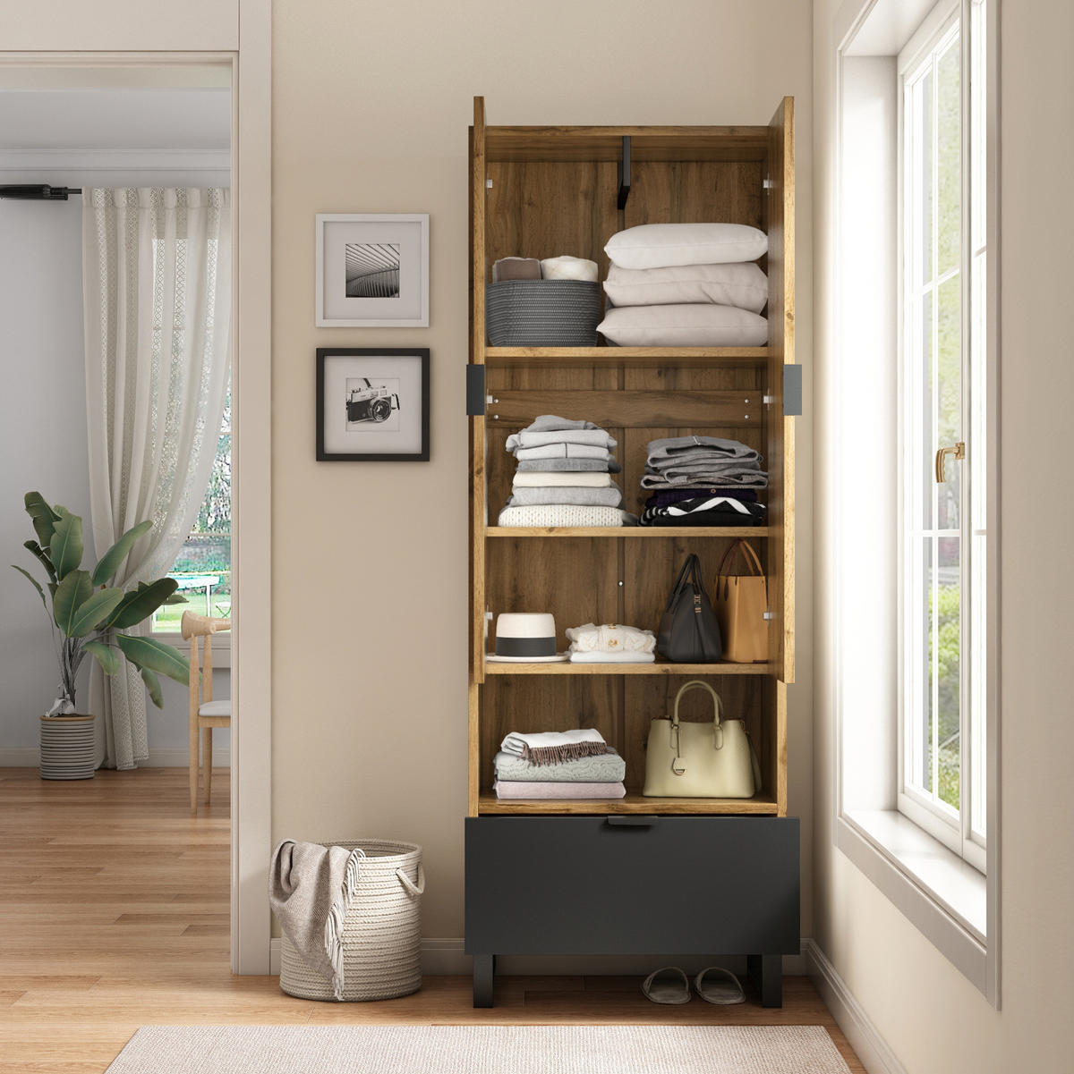 DIELENGARDEROBE mit Kleiderstange und Schublade 65/38/180 cm in Eichefarben/Schwarz - Naturfarben, Holzwerkstoff (38/65/180cm) - BEAOK