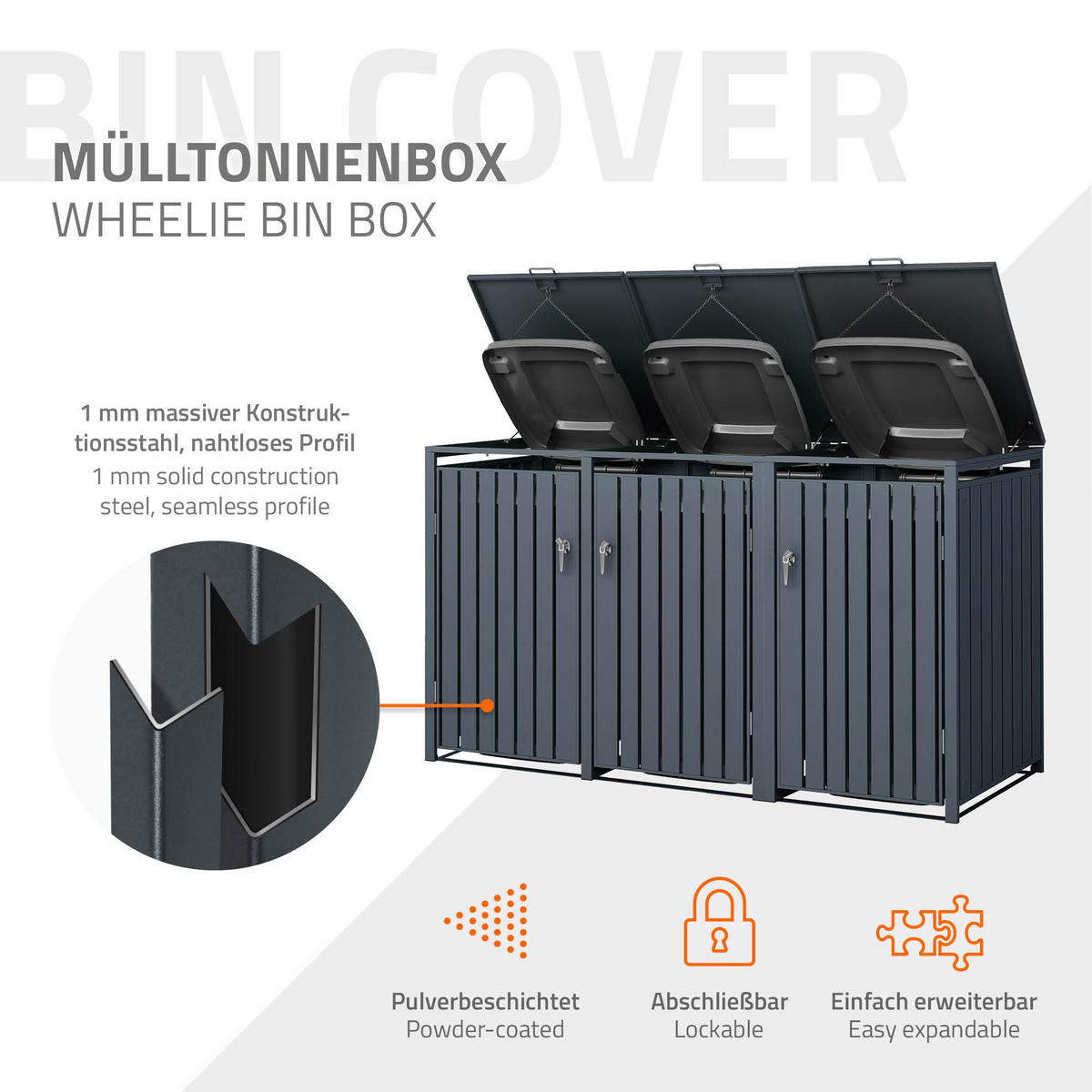 MÜLLTONNENBOX 3er Anthrazit - Anthrazit, Metall (80/116.3/200cm) - ML-DESIGN