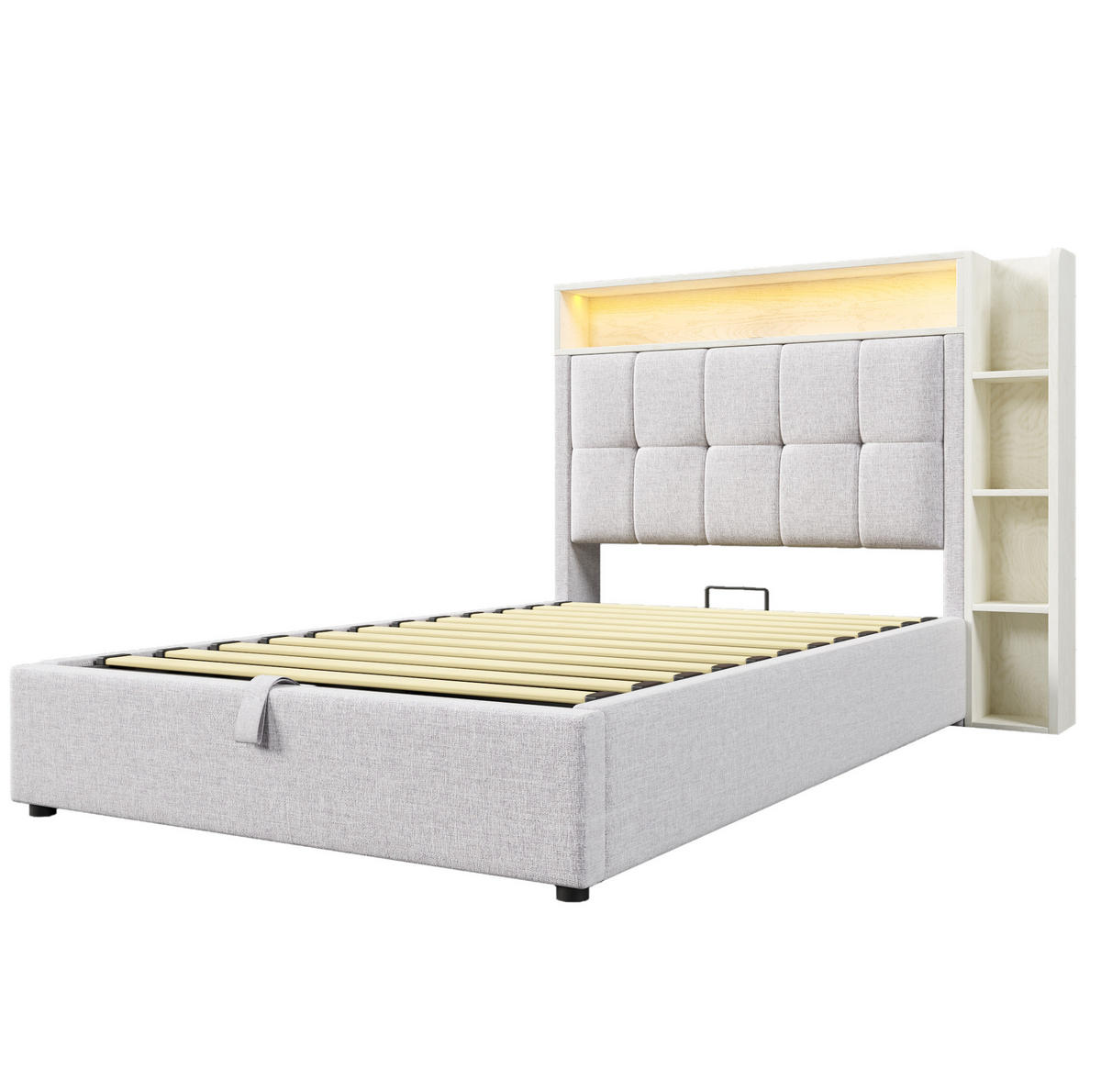 POLSTERBETT mit Stauraum, USB und LED 90x200 cm Leinen Beige - Beige, Metall (90/200cm) - Meubliv