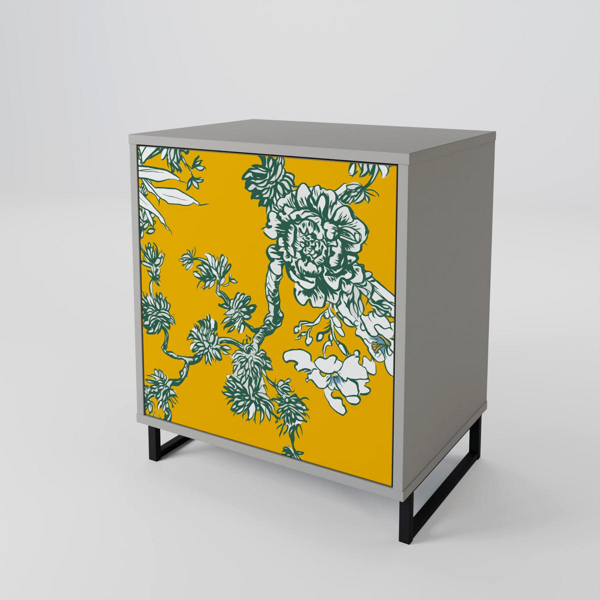 SIDEBOARD YELLOW CHINOISERIE, Grau, 57,5x42x75,5 cm, Goldfarbene Metallfüße - Goldfarben/Multicolor, Holzwerkstoff/Metall (57.5/75.5/42cm) - SpaceRebels