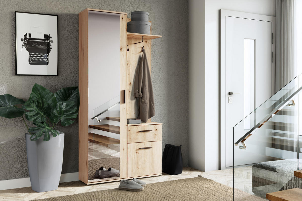 GARDEROBEN-SET Nex mit Spiegel, Haken & Stauraum – 97/195/30 cm – Artisan Eiche - Eiche Artisan, Holzwerkstoff (97/195/30cm) - WFL GROUP