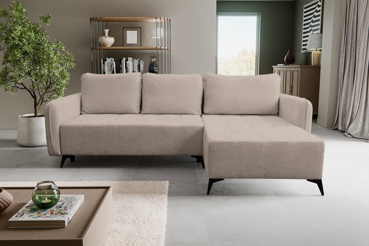 ECKSOFA Lucky in L-Form mit Schlaffunktion und Bettkasten, Farbe: Braun, Strukturstoff, Ottomane Links oder Rechts - Braun, Textil (275/160cm) - VENASI MÖBEL