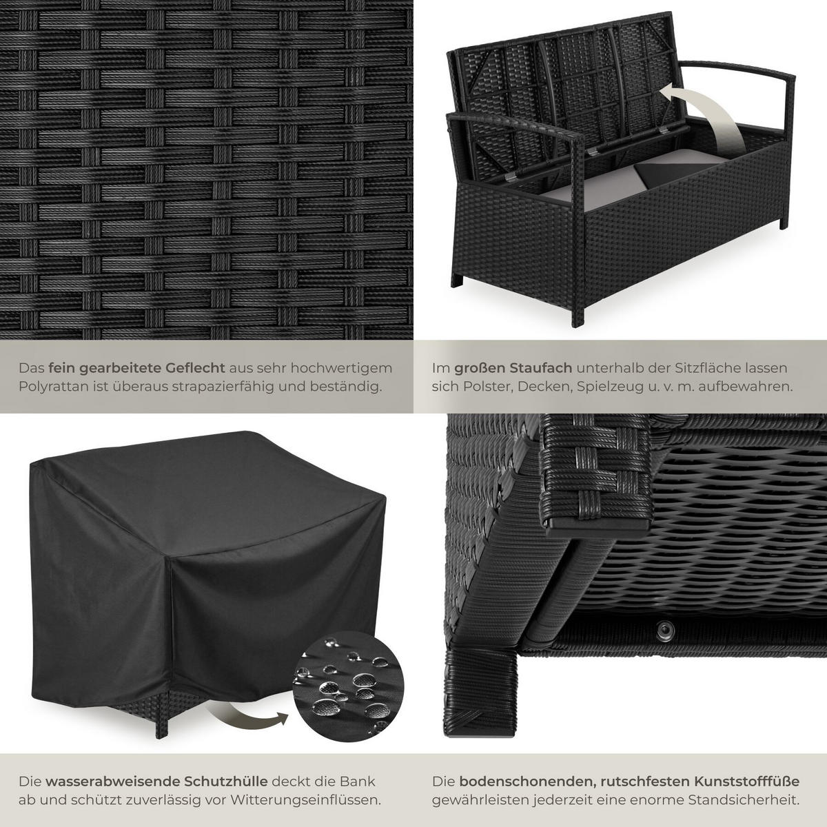 RATTAN-GARTENBANK Vecchia, 128 x 56 x 77,5 cm, inklusive Schutzhülle, schwarz - Schwarz, Kunststoff (128/77.5/56cm) - tectake