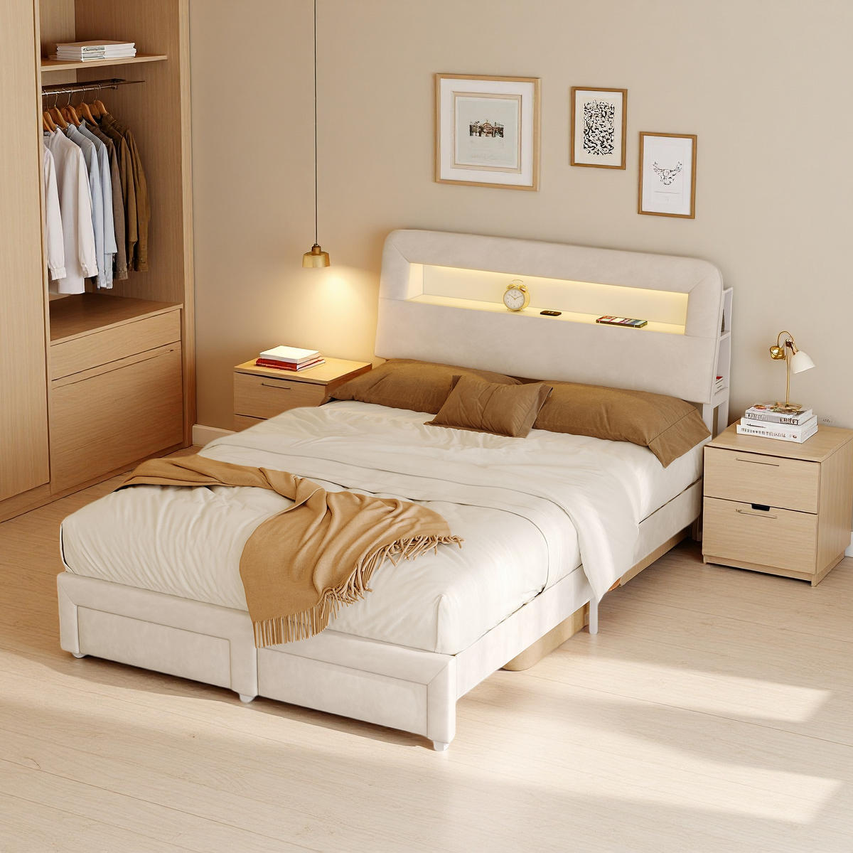 POLSTERBETT 140x200 cm Beige Samt LED USB 2 Schubladen - Beige, Metall (140/200cm) - SHOPENTRA
