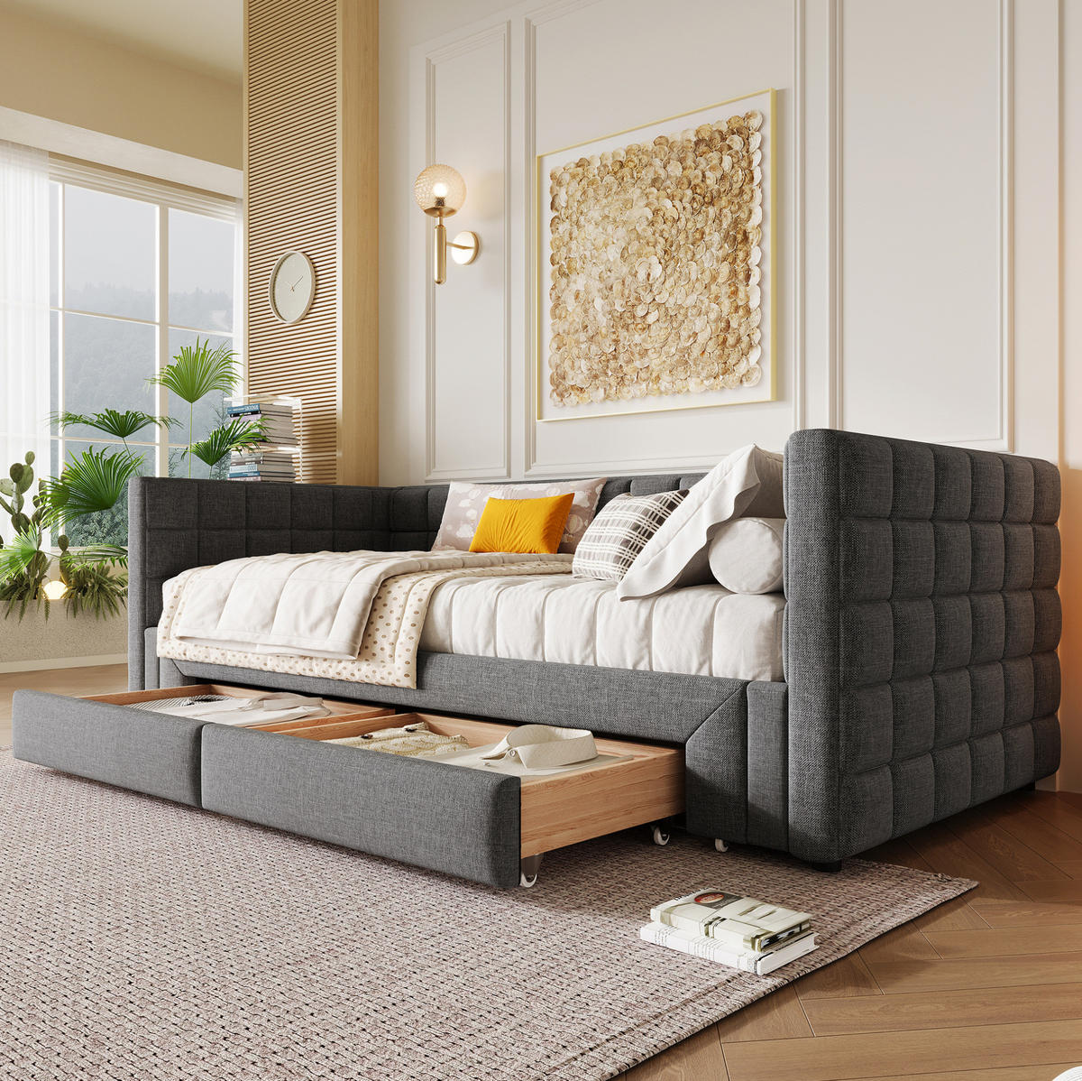 ROZKLADACIA posteľ 90/200 cm sivá zo zamatu a MDF s hranatým operadlom, výsuvným lôžkom a 2 zásuvkami - sivá, textil (90/200cm) - OKWISH