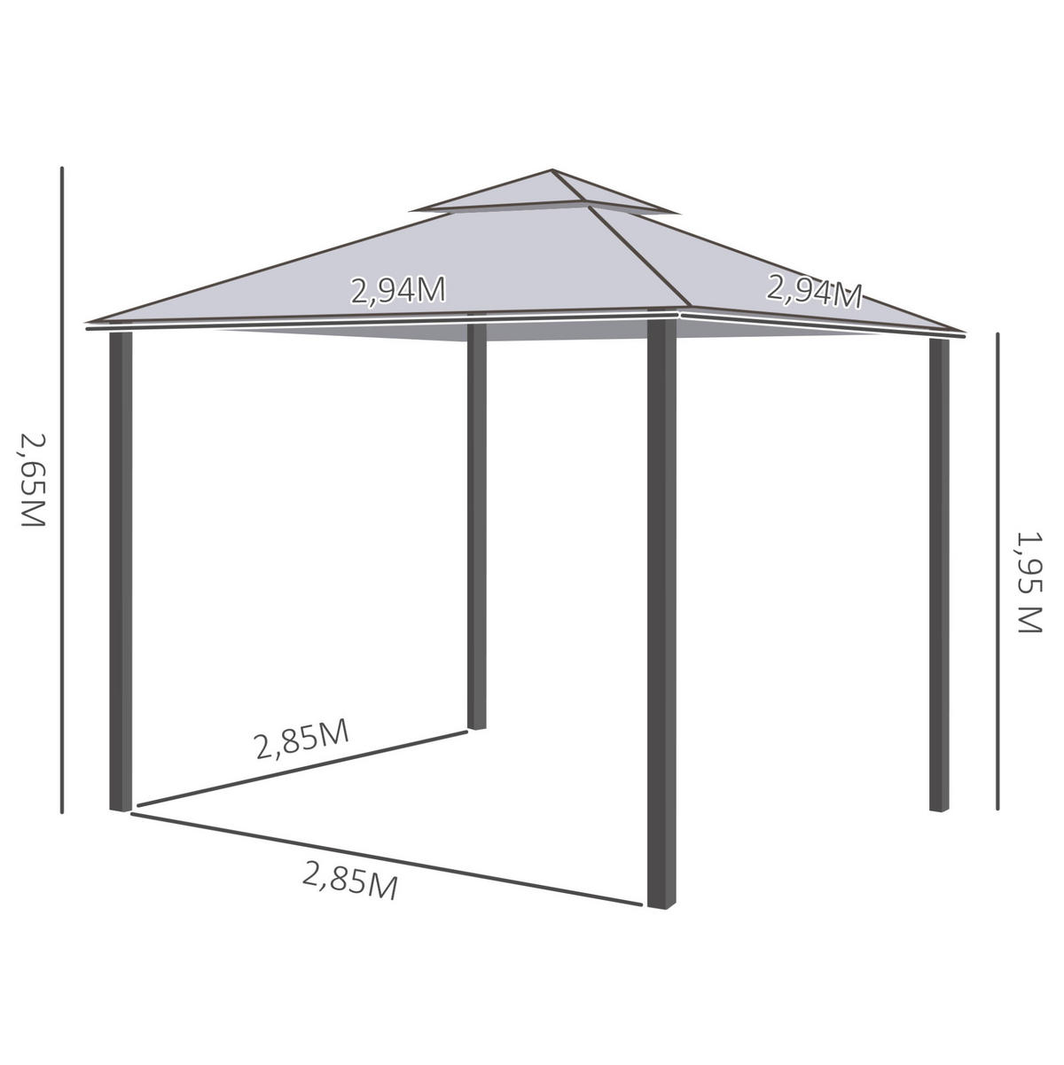 GARTENPAVILLON 294/294/265 cm mit Netzseiten, Doppeldach und Polyesterdach, Anthrazitgrau - Grau, Textil (294/265/294cm) - Redom