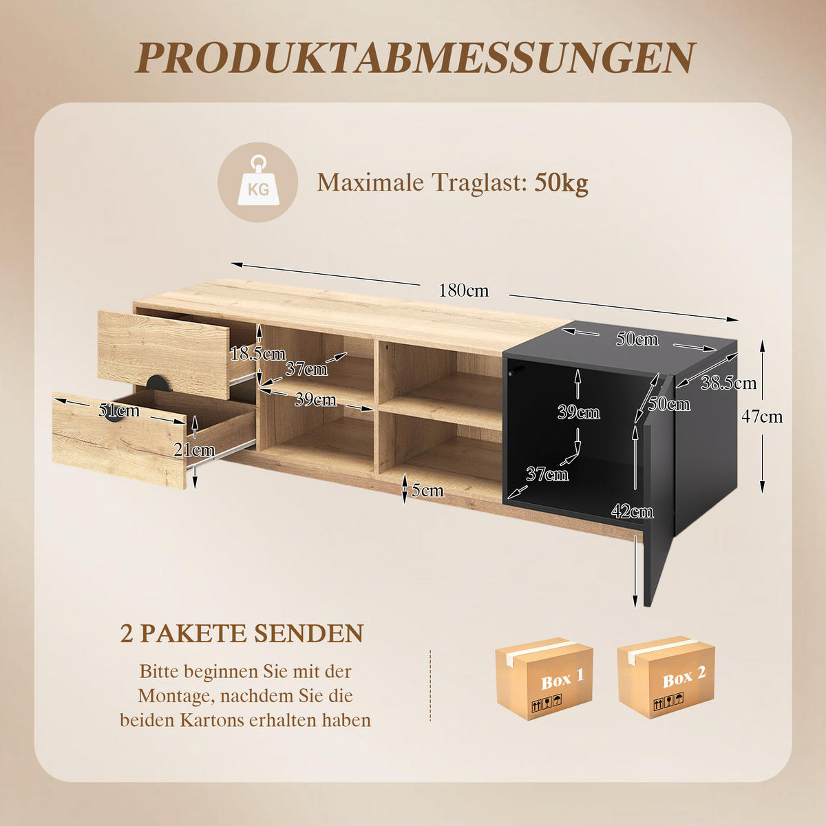 TV-SCHRANK 180 cm Holz & Schwarz mit Schublade, offenen Fächern und Schrank - Schwarz, Holzwerkstoff (180/47/38.5cm) - Urban Meuble