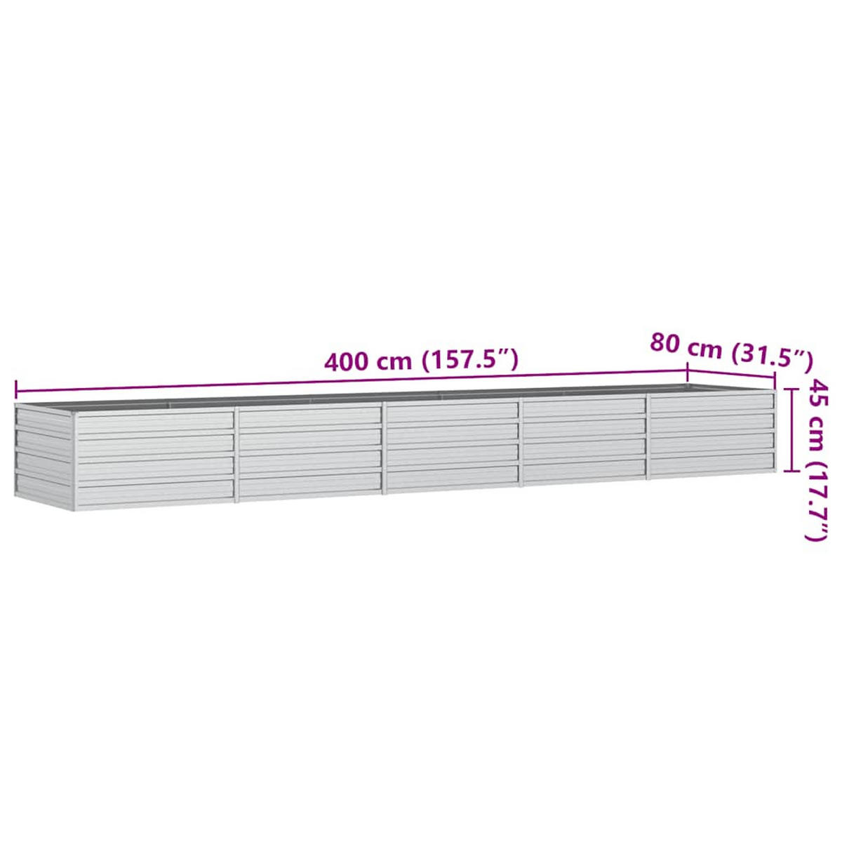 HOCHBEET 400/80/45 cm, aus Verzinkter Stahl, Silber - Silberfarben, Metall (80/45/400cm) - vidaXL
