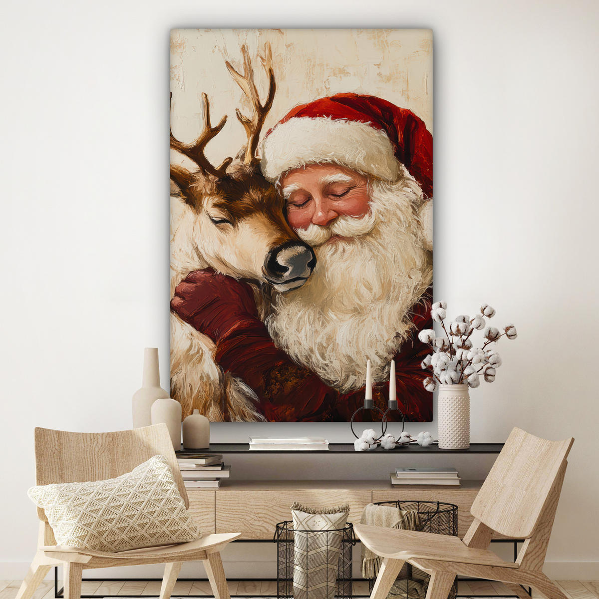 LEINWANDBILD Weihnachtsmann - Rentier - Weihnachten Deko Groß 90x140 cm - Rotbraun, Textil (90/140cm) - MuchoWow