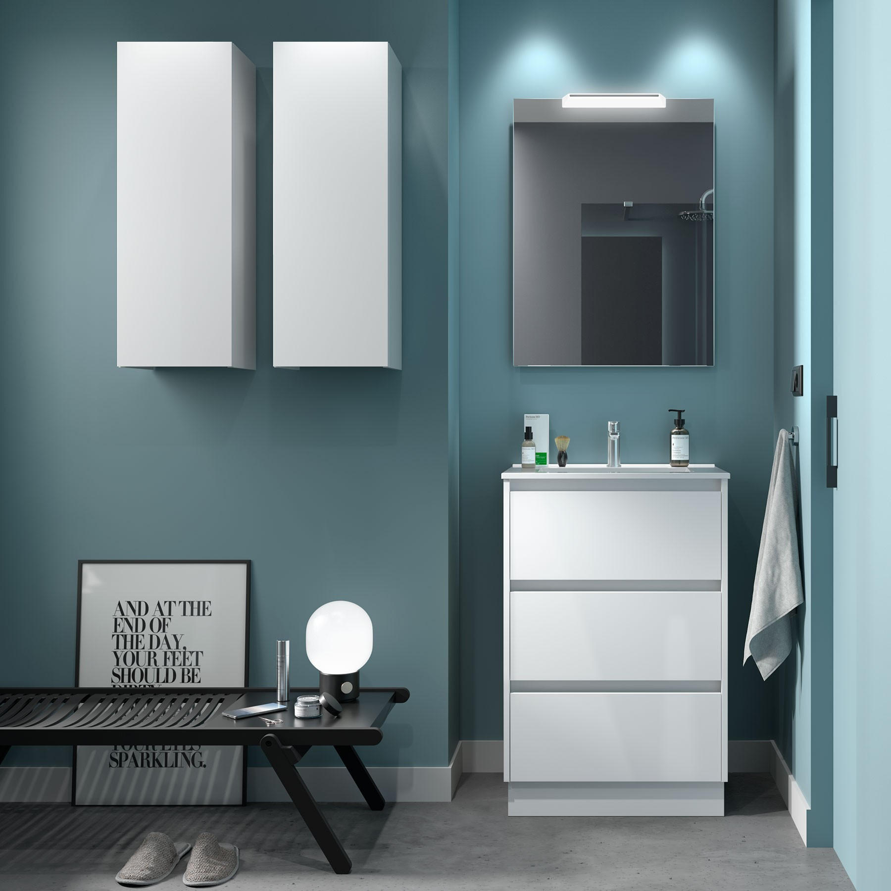 BADEZIMMERMÖBEL NOJA 600 3 Schubladen WHITE GLOSS + Waschtisch + Spiegel - Weiß Hochglanz/Schwarz, Metall (45/81/60cm) - Salgar