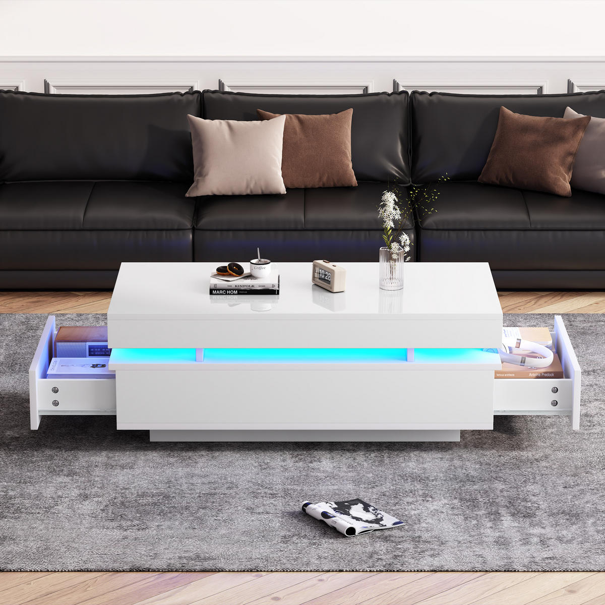 COUCHTISCH in Weiß Couchtisch mit 2 Schubladen, LED Hochglanz, Sofatisch für Wohnzimmer, B100/T50/H35cm - Weiß, Holzwerkstoff/Metall (50/100/35cm) - STILVORA